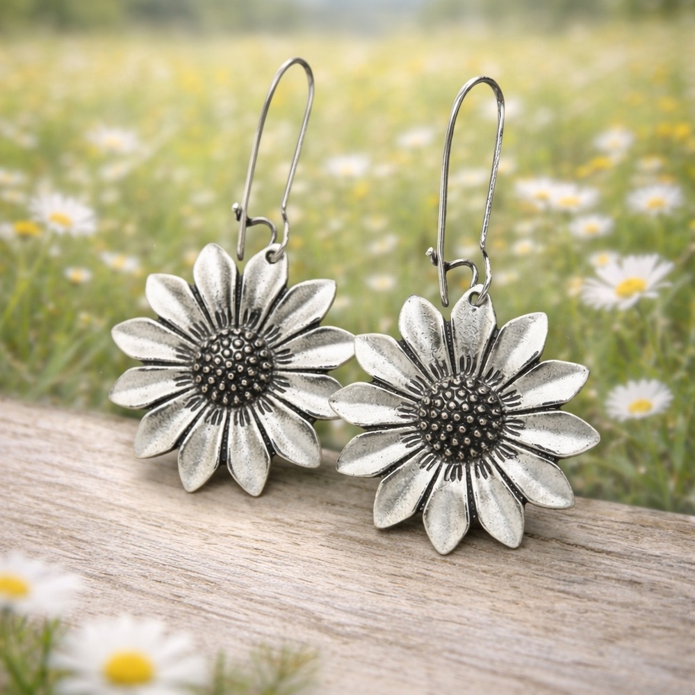Silver Sunflower Dangle Earrings